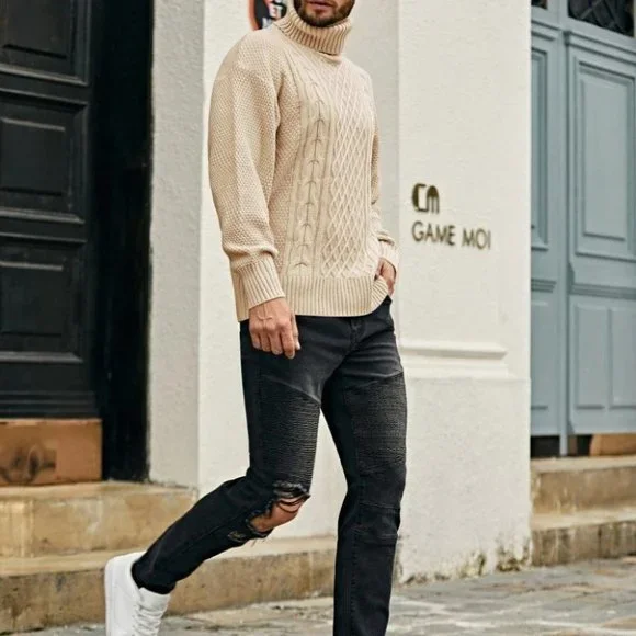 Casual Cable Knit Men's Turtleneck Sweater - Picture 4 of 5